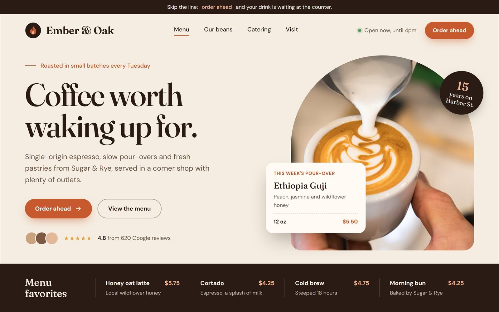 After: Ember & Oak Coffee's new site, with a latte photo, an Order ahead button and a menu favorites bar.